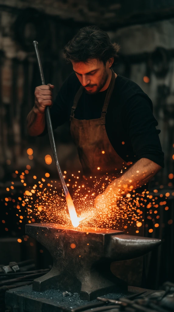 male blacksmith forging white-hot metal on an anvil, black shirt and brown apron, gripping a long metal tool, intense burst of bright orange flying sparks, radiant warm light illuminating his face, dark moody workshop, shallow depth of field, glowing bokeh sparks, cinematic lighting