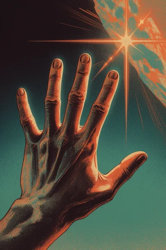 Vintage Cosmic Surrealism style reference image — halftone print texture