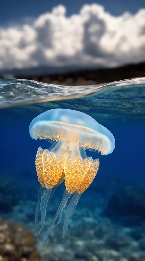 A split-level photograph of a translucent jellyfish suspended beneath an undulating water surface. The creature features a pale blue bell atop a dense cluster of golden-orange textured appendages and long trailing tentacles. Below the surface, the water is deep sapphire blue with a softly blurred rocky seabed. Above the crisp meniscus, a heavily defocused background reveals a dark coastal horizon beneath a dramatic sky of voluminous white clouds. Natural sunlight brilliantly illuminates the glowing golden details of the jellyfish against the cool aquatic tones.
