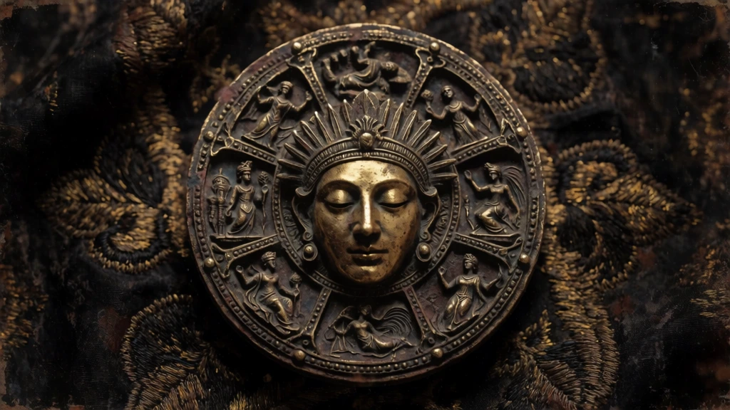 ornate golden sun deity medallion, carved relief sculpture, ancient mystical dramatic vibe