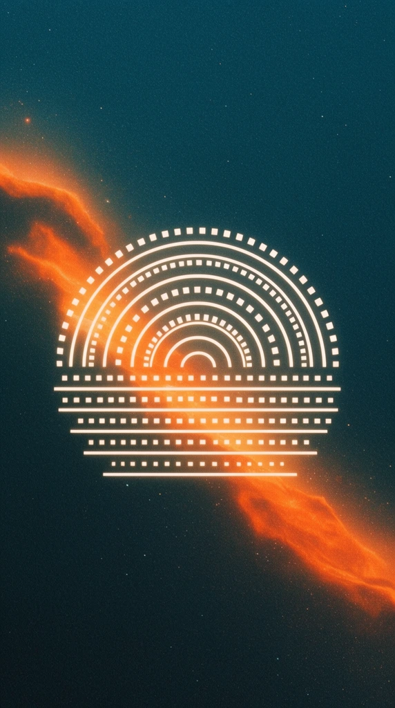 A luminous white geometric construct of concentric semi-circles, horizontal lines, and square dashes floats against a deep teal cosmic void. An elongated, glowing orange nebula cloud stretches behind the abstract shape, speckled with tiny star particles and rendered with heavy film grain for a retro-futuristic aesthetic.