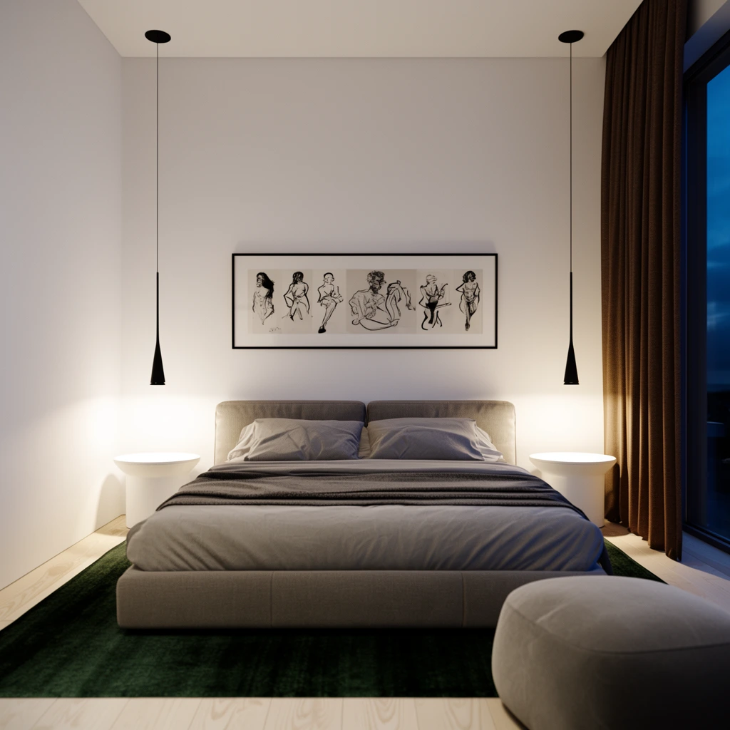 A modern, minimalist bedroom centered on a bed with grey bedding resting on a dark green rug. Clean white walls frame the symmetrical composition. Two sleek black pendant lights hang above round white nightstands, casting warm pools of light. Above the bed is a horizontal framed print of black-and-white figure sketches. A heavy brown curtain hangs next to a window showing a dark blue evening sky on the right. A soft grey ottoman sits in the foreground. Photorealistic architectural rendering.