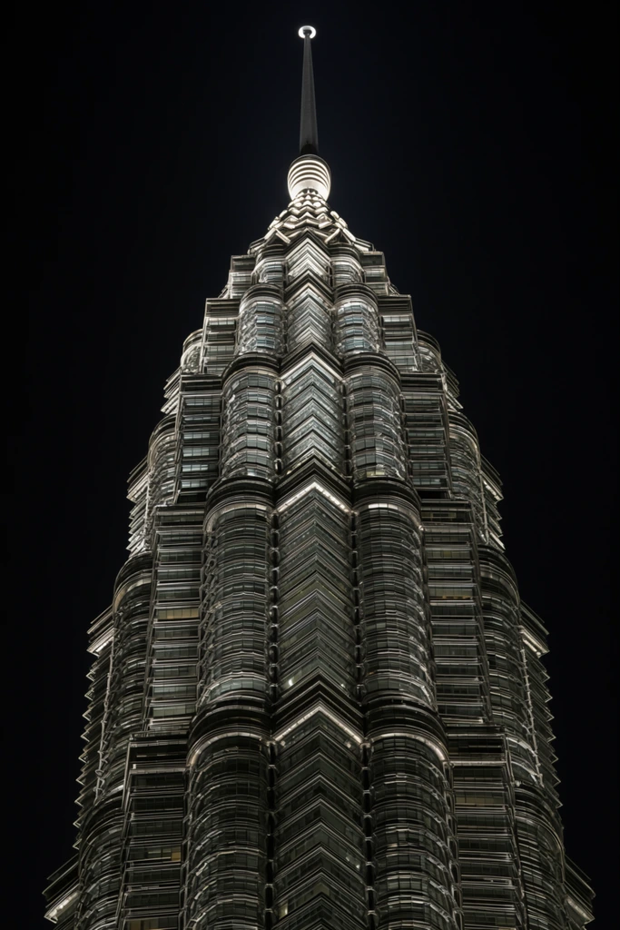A towering, multi-tiered skyscraper spire illuminated against a pitch-black night sky. Captured from a sharp low angle, the geometric glass and stainless steel structure tapers upward into a prominent pinnacle crowned with glowing, stacked circular rings. Bright architectural lighting highlights horizontal bands and vertical metallic ribs along the complex, faceted facade. Alternating cylindrical and angled sections create a scalloped profile, contrasting sharply with the solid dark background to emphasize the sleek, futuristic symmetry of the towering architecture.