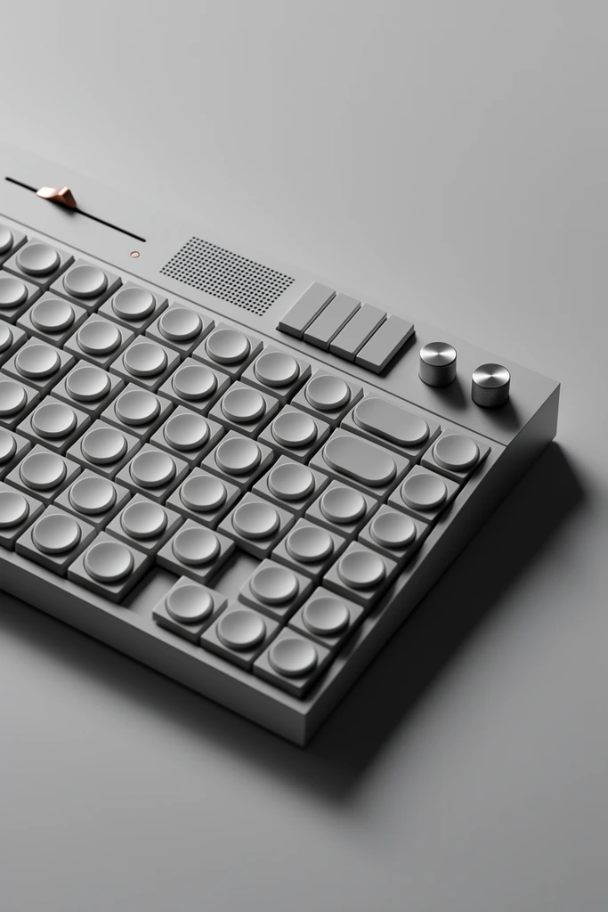 A close-up of a minimalist, monochromatic grey mechanical keyboard resting on a seamless matte surface. The precise industrial design features circular keys nestled inside square recessed bases arranged in a tight grid. A top control panel includes a horizontal slider with a copper accent, a perforated speaker grille, four rectangular buttons, and two cylindrical metallic dials. Soft diffused lighting casts crisp right-leaning drop shadows, emphasizing the sleek matte textures and geometric layout.