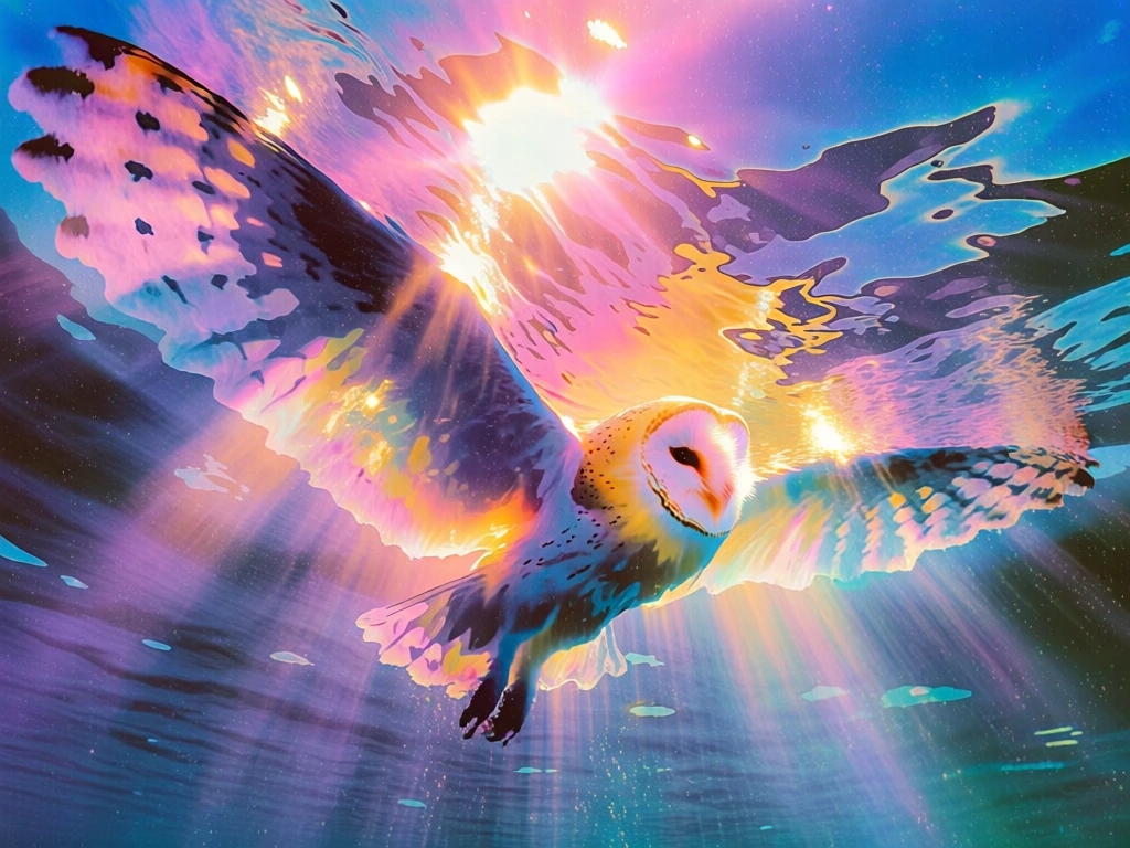 ethereal barn owl with wings fully extended soaring through a dreamlike aqueous atmosphere, low angle perspective looking up into a brilliant golden sun, dramatic god rays piercing through magenta and electric pink fluid clouds, vibrant cerulean blue background, high-energy light leaks, shimmering caustic light patterns across white feathers, cinematic chromatic aberration, soft focus, grainy film texture, saturated palette of gold, orange, pink, and deep blue, surrealist digital art style.