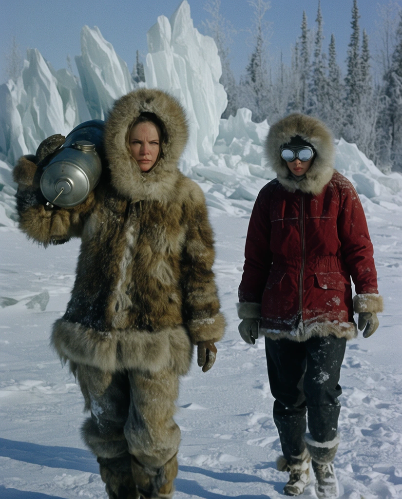 Two female scavengers walk across a snowy tundra in a gritty 1960s 35mm cinematic wide shot. The left figure wears a bulky fur parka, carrying a metallic canister over her shoulder. Her companion dons a crimson winter jacket and reflective goggles. Jagged ice formations and frosted pines stand under harsh midday daylight.