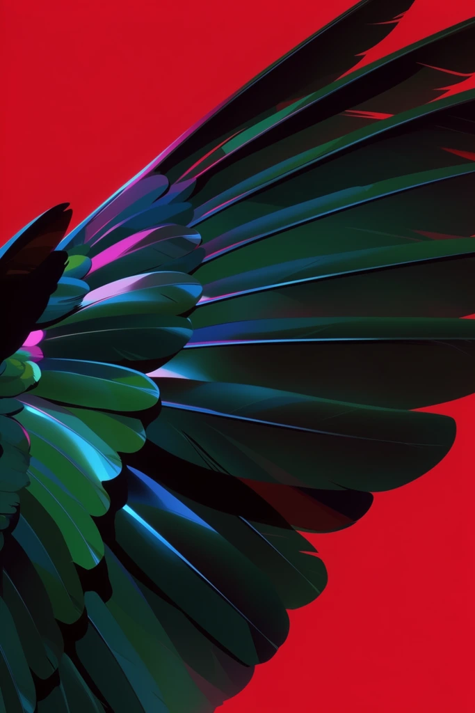 A close-up of a single feathered wing spreading outwards against a flat, intensely saturated crimson red background. The sweeping flight feathers expand dramatically across the frame, rendered in a highly stylized, sleek digital illustration technique characterized by smooth, volumetric gradients and hard-edged graphic shadows. The plumage is heavily stylized with a dark, moody neon-noir color palette, dominated by deep emerald greens, rich teals, and stark, pitch-black shading. Intense, artificial directional lighting creates slick, glossy specular highlights in vibrant cyan and luminous magenta along the smooth, curved contours of the feather shafts and vanes. The composition features crisp, clean lines and flawless, polished surfaces lacking natural texture, resulting in a striking, cinematic visual that fuses graphic pop-art bold geometry with deep, atmospheric tension.