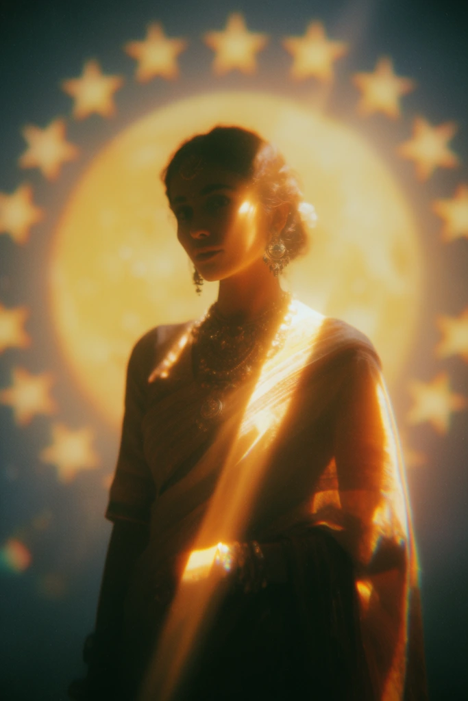 A woman adorned in a softly draped sari and intricate metallic jewelry stands bathed in intensely directional, warm golden sunlight against a backdrop of a massive, luminous sun encircled by a ring of glowing stars. The composition is rendered through a vintage cinematic lens with a profound shallow depth of field, throwing the enormous celestial background into a dreamy, ethereal haze of soft-focus bokeh. Piercing shafts of amber light strike the subject, creating stark, luminous highlights on her jewelry and the textured fabric of her sari, while plunging the opposing side of her figure into deep, crushed, moody shadows. The aesthetic mimics high-end analog film photography, heavily featuring optical diffusion that creates a misty bloom around the brightest highlights, a tangible fine film grain, and subtle chromatic aberration along the high-contrast edges of the light beams. The color grading is defined by highly saturated, nostalgic warm tones of glowing yellow and burnt amber clashing intimately with heavy, cool-toned dark shadows, resulting in a deeply tactile, romantic, and atmospheric visual.