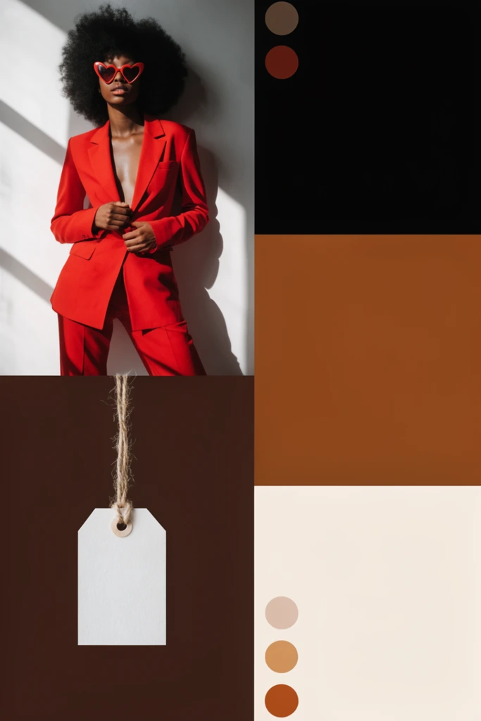 split-panel fashion mood board, Black woman with an afro wearing a vibrant red tailored suit and heart-shaped sunglasses against a white wall with sharp shadows, adjacent solid color blocks of black, warm brown, and cream, small circular earth-tone swatches, hanging white paper clothing tag on rustic twine against a dark brown backdrop, dramatic high-contrast lighting, minimalist geometric layout