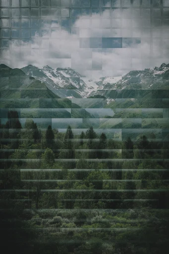 Structured Digital Pastoralism style reference image — fragmented landscape