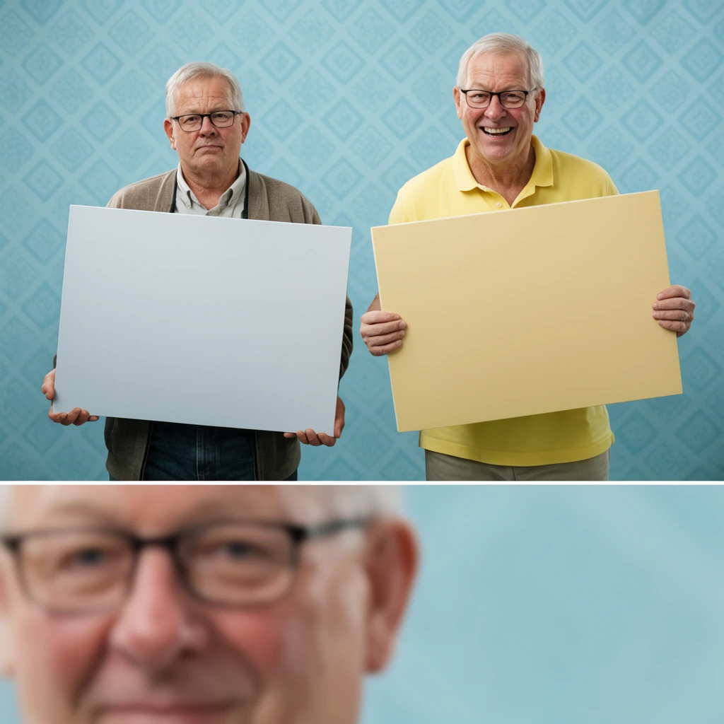 Two older men wearing glasses hold oversized rectangular presentation boards against a light blue patterned backdrop. The right man smiles brightly in a yellow polo shirt, while the left man displays a neutral expression. A bottom panel shows a blurred close-up of the left man's face.