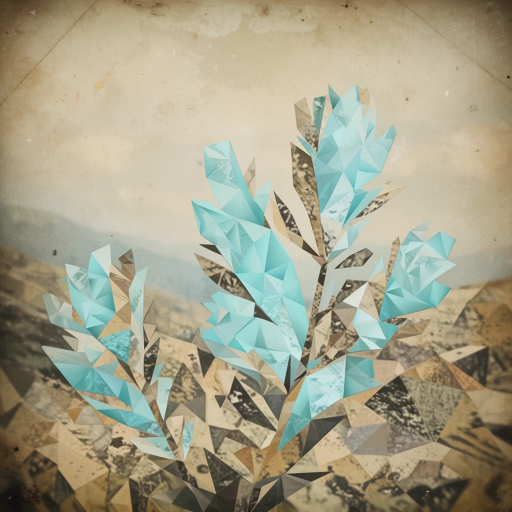 A hazy landscape with flora rendered as a fragmented, low-poly geometric collage. The botanical elements and rolling terrain are constructed entirely from interlocking, sharp-edged triangles and faceted polygons. These fractured shapes display a patchwork of textures, alternating between solid icy cyan segments and muted vintage photographic cut-outs in sepia, tan, and charcoal gray. The surrounding hazy environment features a heavily distressed, aged paper texture characterized by mottled stains, surface abrasions, scattered dust spots, and faint diagonal creases. A pronounced, darkened vignette frames the composition, anchoring the desaturated, antique color palette. The geometric flora possesses internal gradients that simulate three-dimensional faceted lighting, contrasting with the flat, weathered, and sepia-toned atmospheric backdrop.
