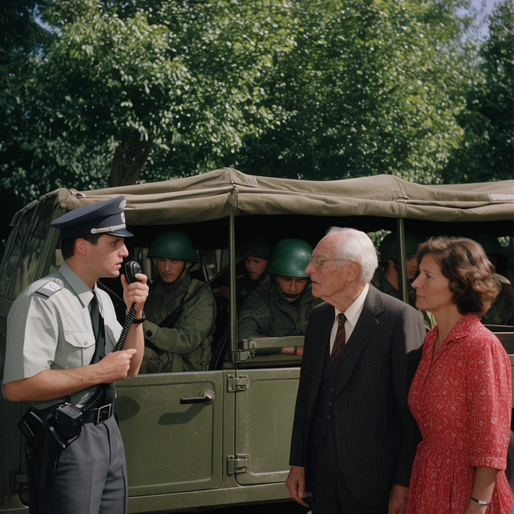 A uniformed officer with a radio microphone confronts an elderly suited man and a woman in a red patterned dress beside an olive-green military vehicle. Soldiers in green helmets sit inside the canvas-topped vehicle. Dense green trees fill the sunlit background. The widescreen composition evokes a vintage cinematic aesthetic.