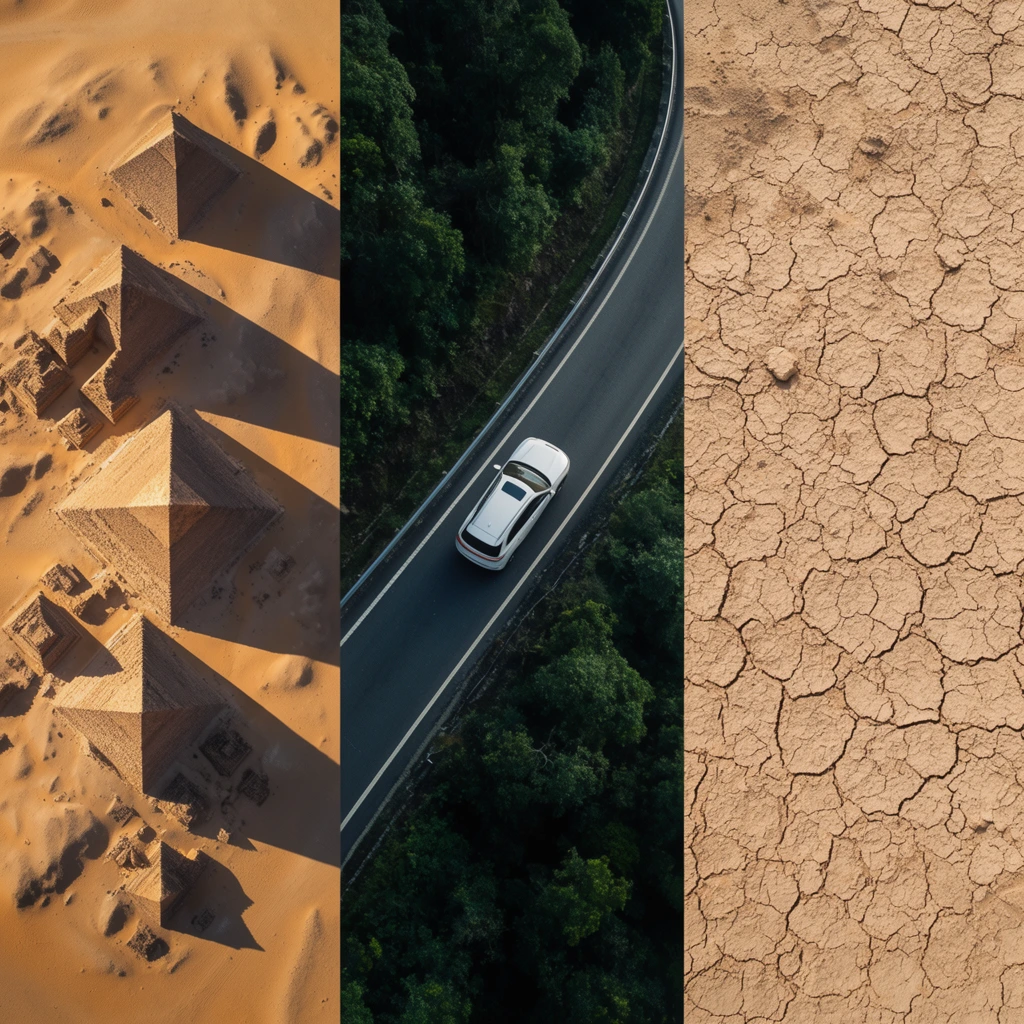 triptych composition with three distinct vertical panels, top-down aerial view of stone pyramids casting long dramatic shadows across sunlit desert sand in the left panel, top-down view of a modern white SUV navigating a curved asphalt highway bordered by dense dark green forest in the center panel, top-down view of textured dry cracked arid desert earth in the right panel, stark thematic contrast between barren landscapes and vibrant nature, hyper-realistic aerial photography, sharp vertical divisions, high-contrast lighting