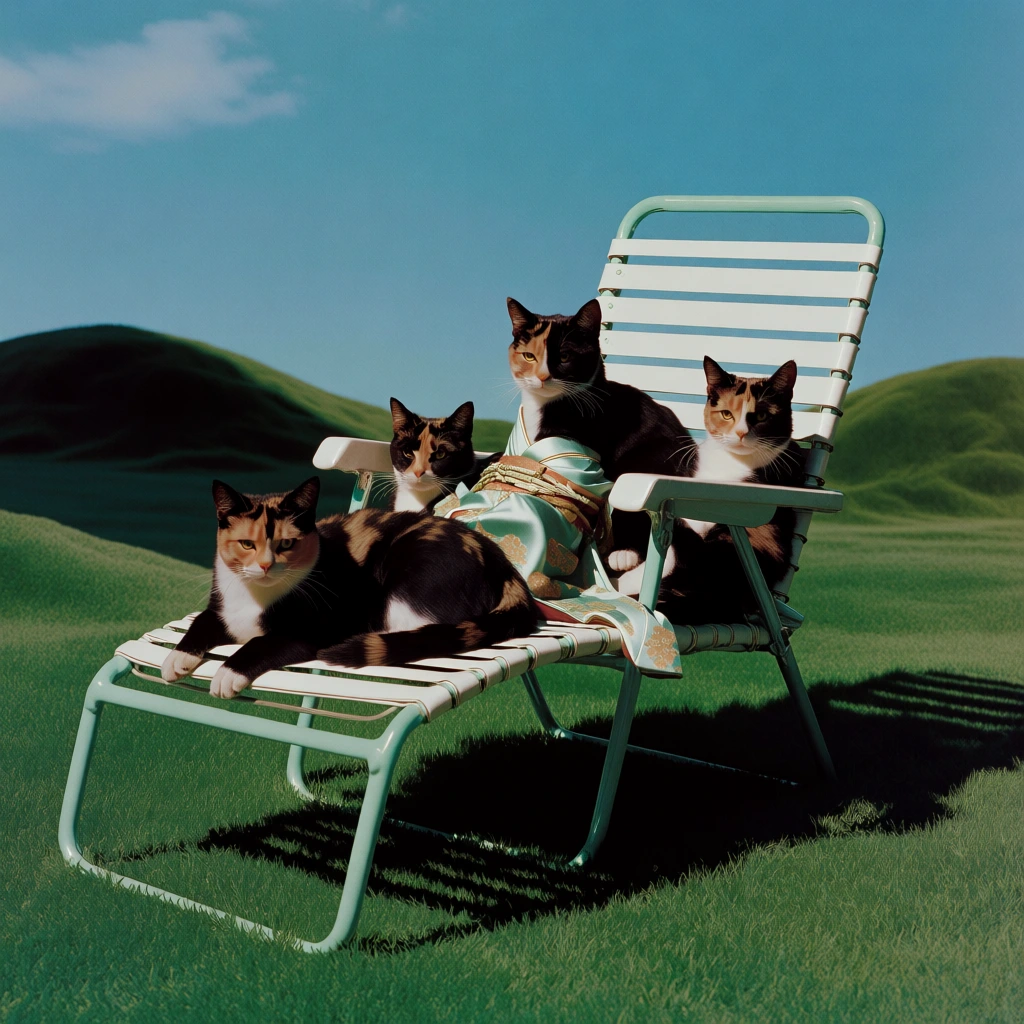 low-angle editorial shot, five calico cats lounging on a vintage mint-framed white slatted lawn chair, one central cat wearing a miniature silk kimono, surreal minimalist landscape with rolling synthetic green hills under a bright blue sky, harsh direct sunlight creating deep cinematic shadows, high contrast, saturated color palette of emerald and cyan, retro 1970s high-fashion aesthetic, crisp focus, hyper-realistic textures, clean balanced composition.