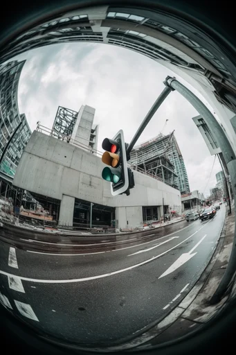 Monolithic Brutalist Distortion style reference image — extreme fisheye lens