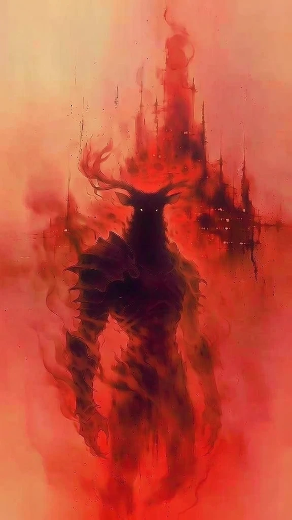 a bipedal creature with the head of a deer wearing ornate battle armor, standing as a dark silhouette before a distant city of towering spires, all enveloped in swirling crimson and fiery orange smoke, high-contrast ink-wash aesthetic, ethereal backlighting, glowing white pinprick eyes, moody atmospheric composition, painterly textures with charcoal grit, monochromatic red palette, deep black shadows, cinematic lighting, fluid vertical energy, vertical framing.