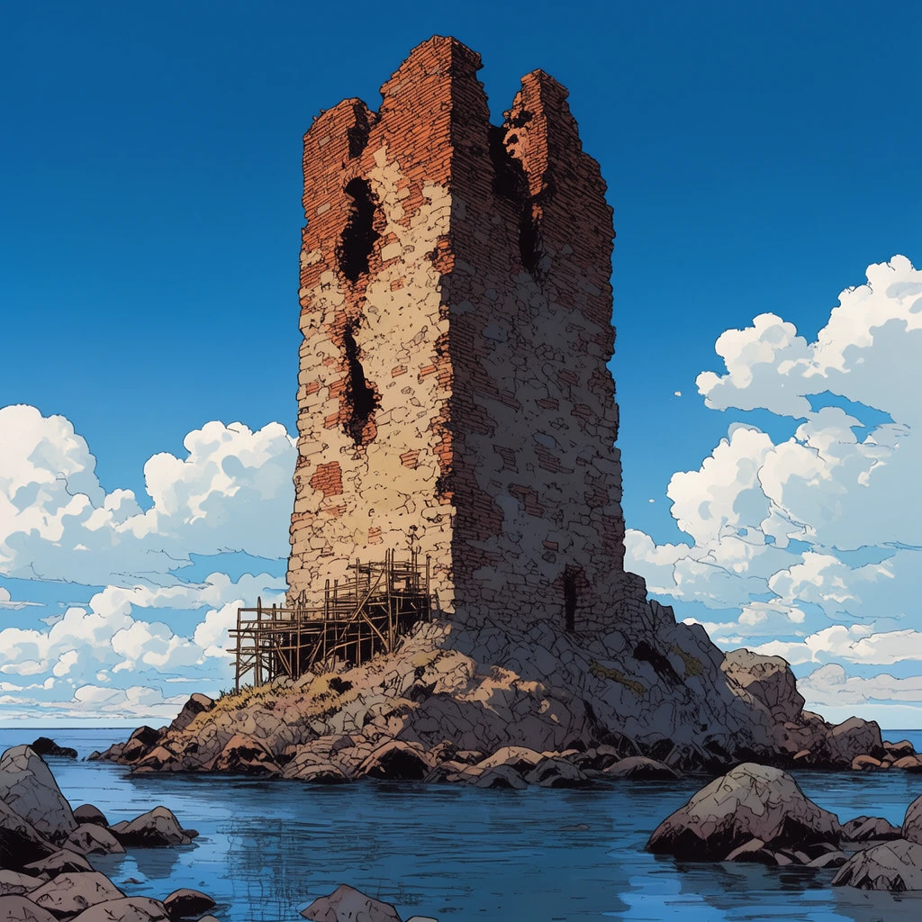 tall ruined stone tower on rocky island, crumbling terracotta brickwork, deep cast shadows, tiny wooden scaffolding at base, calm blue water, scattered coastal rocks, bright blue sky, fluffy white clouds, comic book illustration, crisp line art, flat vibrant colors