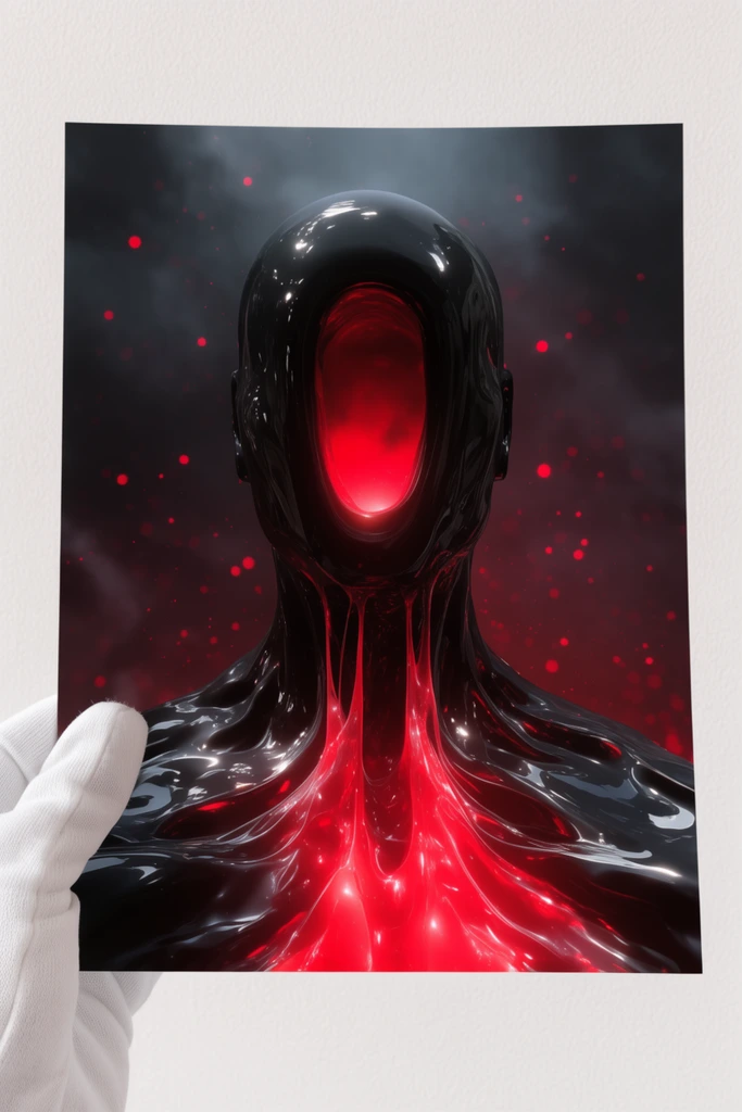 3D render of a glossy black faceless humanoid bust, hollow face cavity emitting intense red glow, viscous glowing red liquid stretching to the chest, dark atmospheric background, floating red particles, dramatic specular lighting, high contrast surreal sci-fi art, presented as a physical print held by white gloved fingers against a minimalist white wall