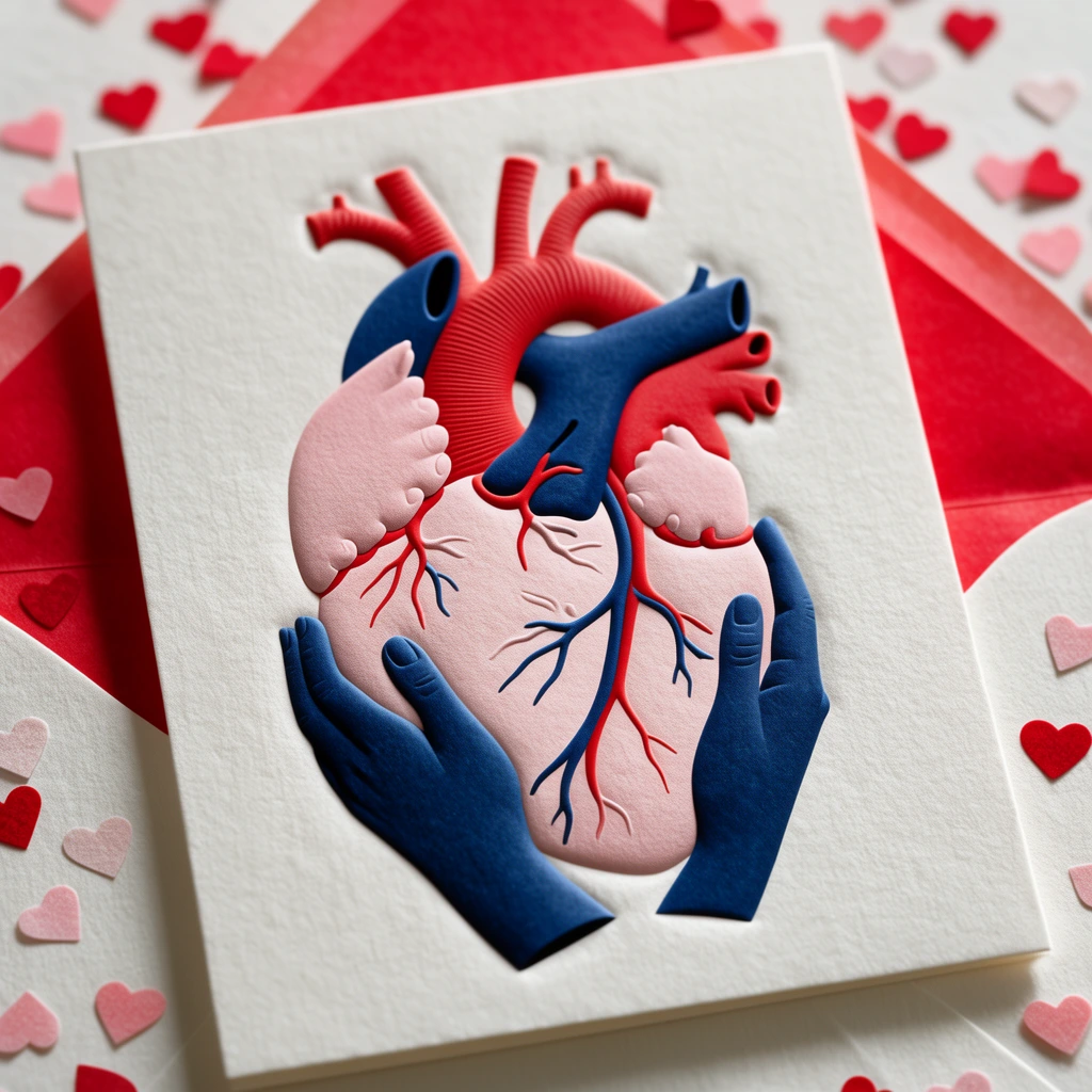 Letterpress stationery featuring a stylized anatomical heart in pale pink, red, and navy blue embraced by overlapping hands. The embossed card rests on a red-lined envelope scattered with miniature heart confetti. Macro photography highlights the deep tactile impression on premium textured matte paper.