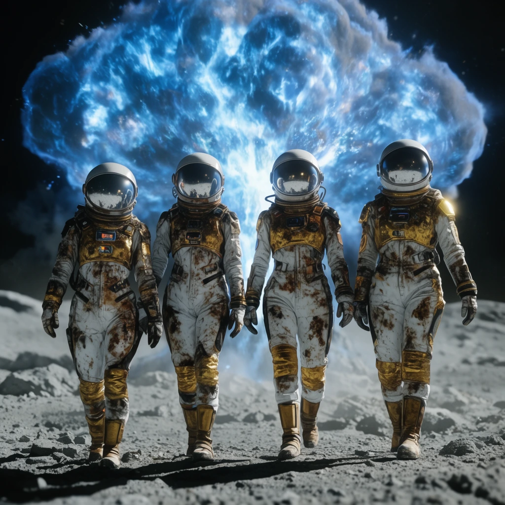 Four female astronauts in heavily scorched white and gold spacesuits with mirrored visors walk shoulder-to-shoulder toward the viewer. A colossal blue plasma explosion erupts violently behind them on a barren rocky moonscape. Cinematic wide angle with dramatic backlighting and shallow depth of field.