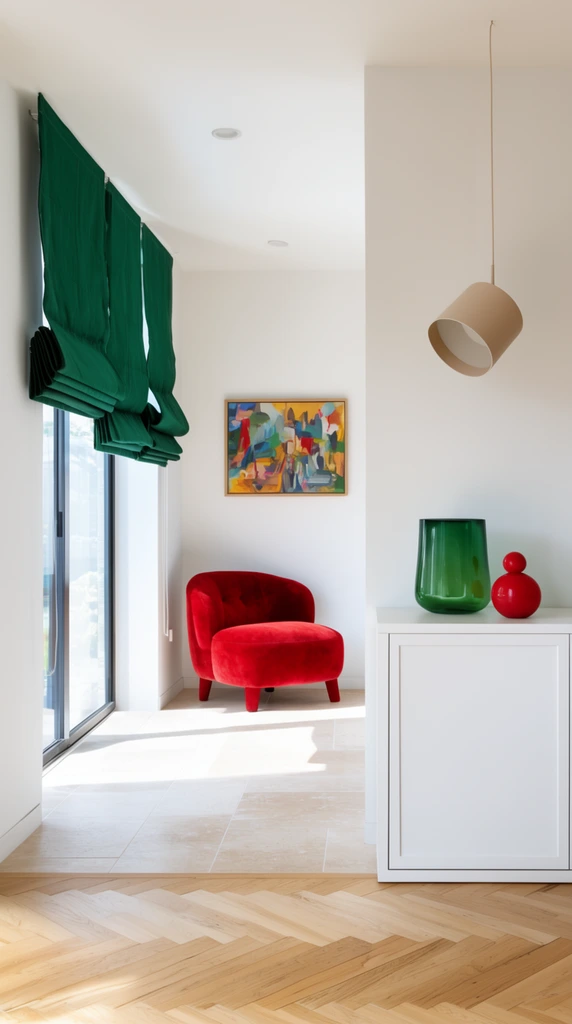 A bright modern interior features crisp white walls contrasting with a plush red armchair and folded emerald green roman shades over a large window. Sunlight illuminates beige floor tiles meeting a light oak chevron wood floor in the foreground. A white cabinet on the right holds a green glass vase and a red spherical figurine beneath a tilted beige pendant light, while an abstract painting hangs above the background chair.