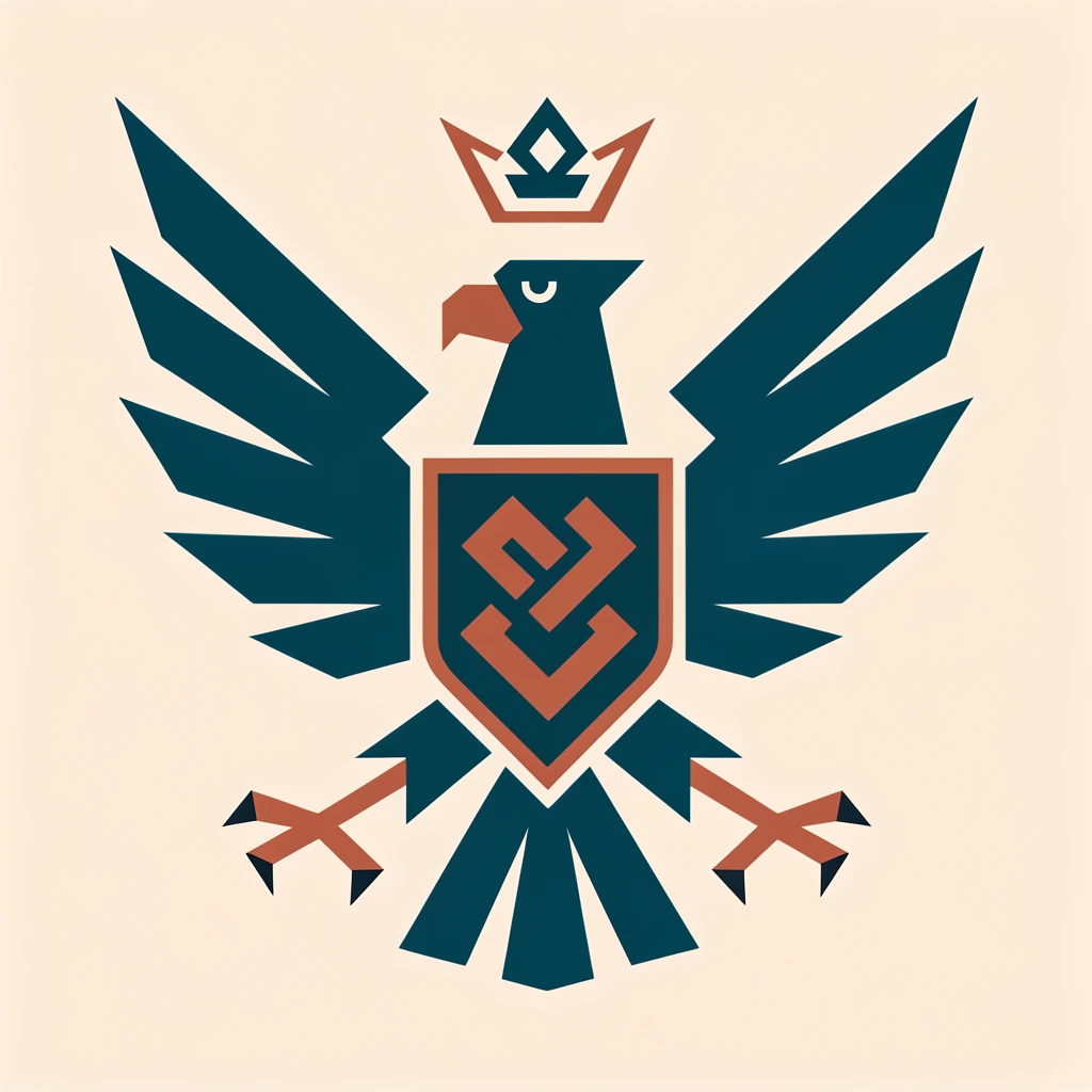 stylized heraldic eagle crest, flat vector art, precise angular geometry, deep teal and muted copper palette on a light cream background, symmetrical composition, sharp upward-pointing wings, blocky tail feathers, central shield bearing abstract interlocking forms, floating angular crown motif above the raptor head, minimalist graphic design, crisp edges