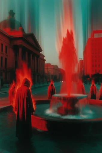 Crimson Surrealist Mythos style reference image — crimson and teal palette