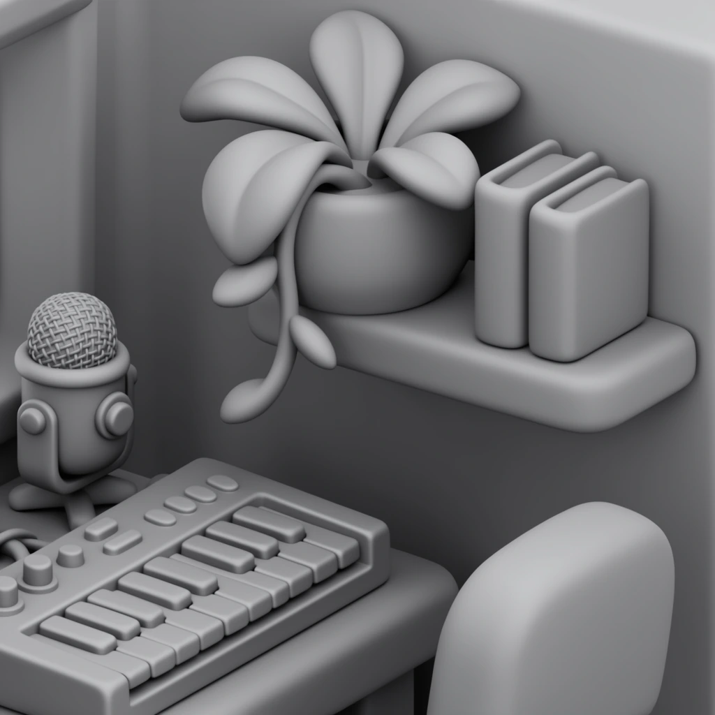 A monochromatic gray 3D clay render of a stylized interior workspace. A potted plant with thick, smooth, teardrop-shaped leaves sits on a rounded floating shelf next to two thick, upright books. A long, curving stem trails downwards from the plant. Below, a chunky synthesizer keyboard rests on a desk near a mesh microphone and a rounded chair back. The untextured scene features uniform matte gray surfaces, soft ambient occlusion lighting, smooth shading, and a high-angle perspective that emphasizes the bold, rounded geometry of the stylized objects.