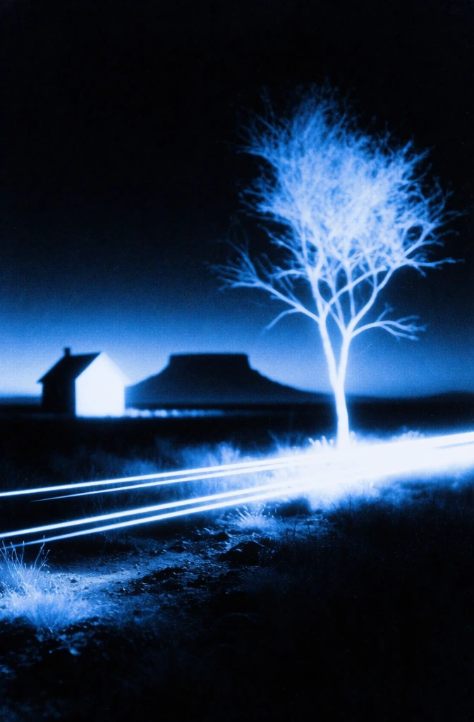 monochromatic electric blue landscape, a spindly luminous tree on the right, a small glowing house silhouette on the left, a flat-topped mesa mountain in the far distance, sharp horizontal light trails across the foreground, intense internal bloom and ethereal glow, high-contrast chiaroscuro, pitch-black void background, heavy film grain, digital noise, blurred edges, lo-fi dreamlike aesthetic, minimalist composition, radiant silhouettes with blown-out highlights.