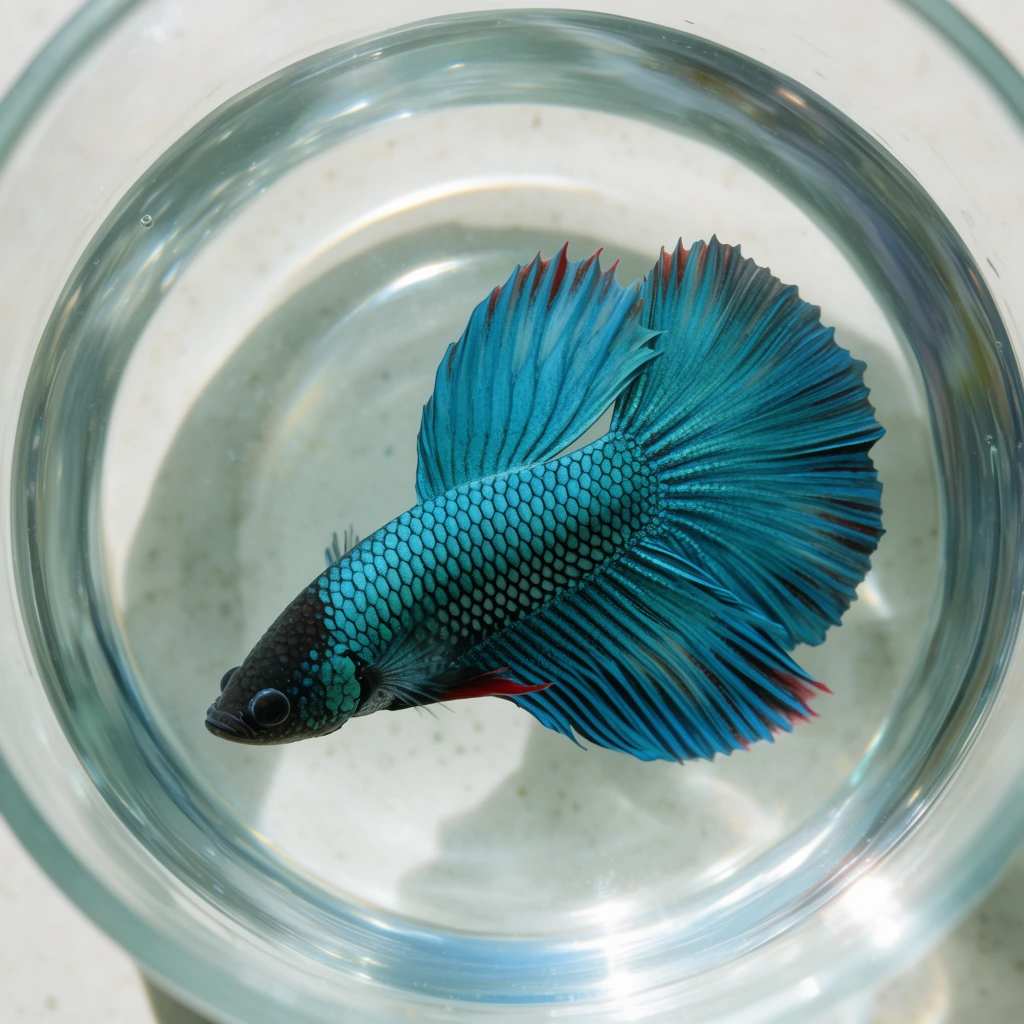 A vibrant blue betta fish swims inside a circular glass bowl viewed from directly above. The fish features iridescent teal scales with dark outlines, a deep charcoal head, and sweeping fins tipped with subtle red accents. Bright natural lighting creates a sharp, crescent-shaped reflection on the curved glass bottom, refracting against a pale, lightly speckled surface beneath. The macro perspective captures crisp details of the textured scales and delicate fin membranes.