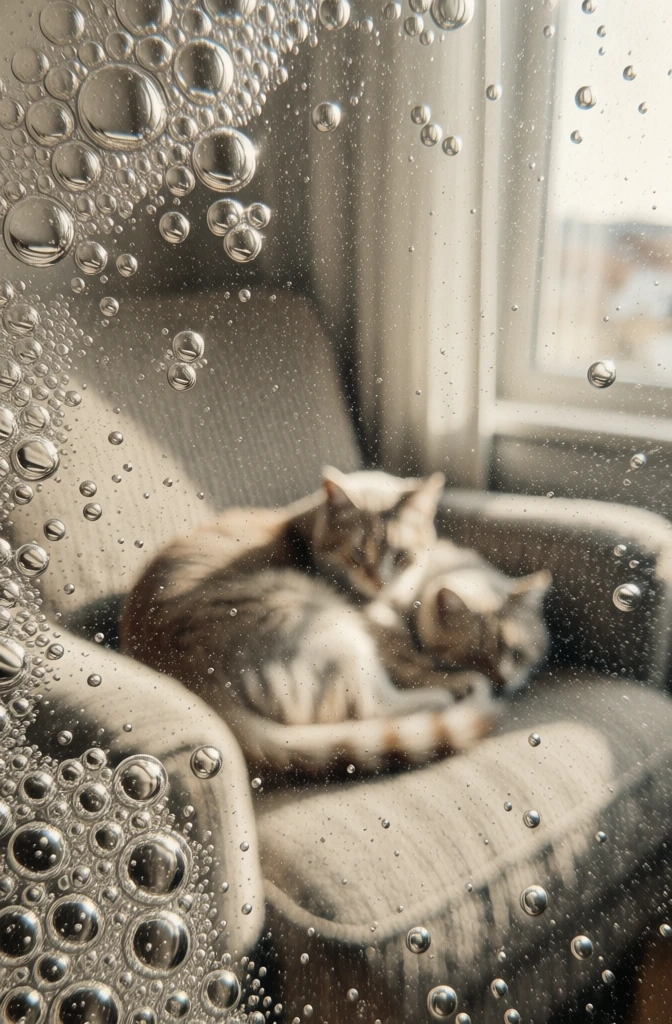 macro-experimental photography of an oil-and-water emulsion on glass, hyper-sharp spherical globules and dense micro-bubble clusters with internal refractive caustics, profoundly soft-focus background depicting two cats curled together on a textured armchair near a window frame, desaturated sepia-toned monochromatic palette, heavy analog film grain, hazy nostalgic atmosphere, diffused high-key window light, layered composition where fluid surface tension abstracts the subject