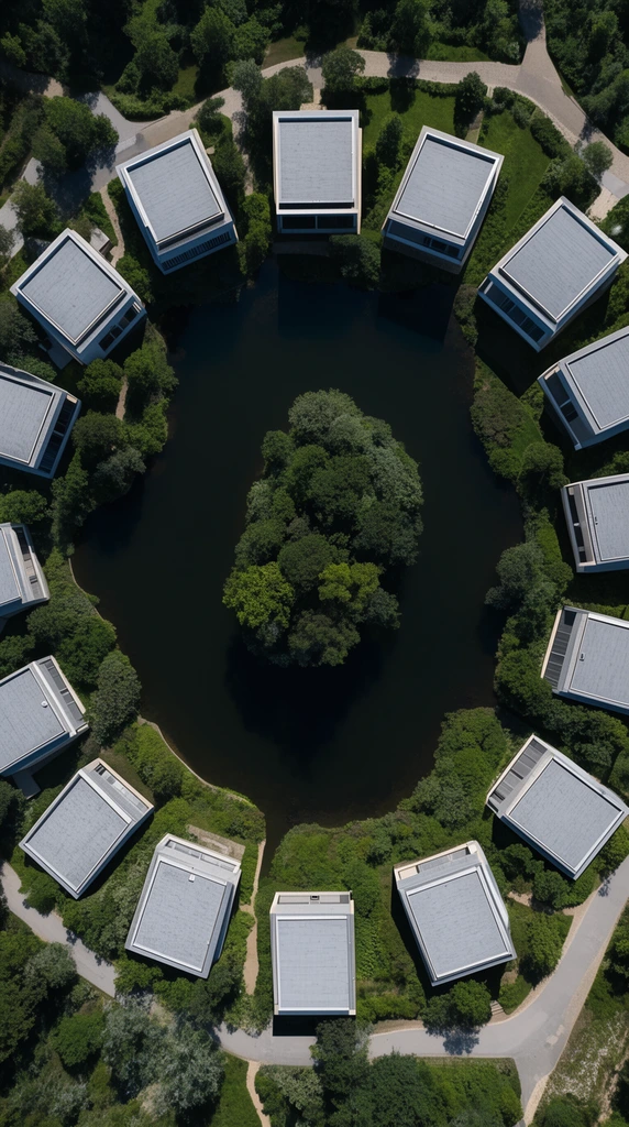 Top-down aerial photograph of identical rectangular buildings with flat gray roofs encircling a dark lagoon and wooded central island. Lush green vegetation and winding pathways weave around the architecture, contrasting crisp geometric structures with organic natural forms.