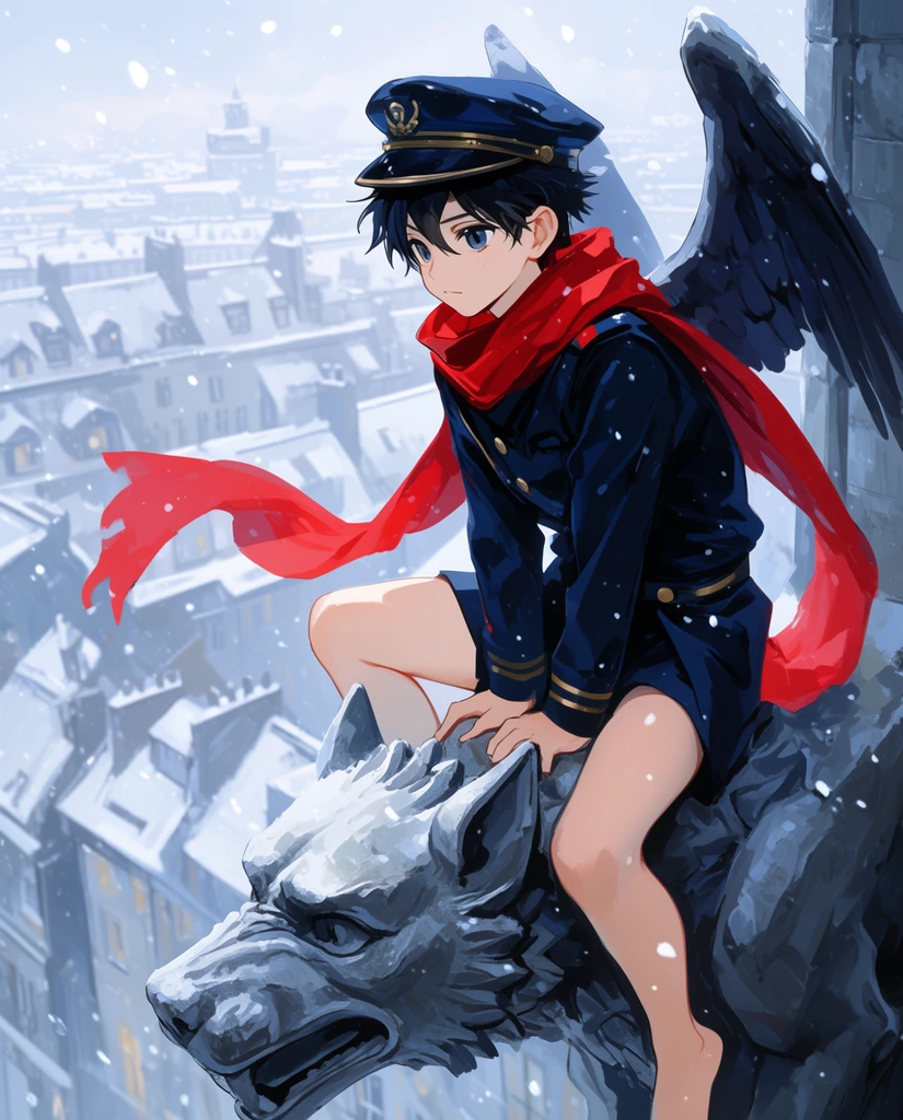winged anime boy perched on a stone wolf gargoyle, dark blue uniform, flowing red scarf, bare legs, high above snowy city rooftops, falling snowflakes