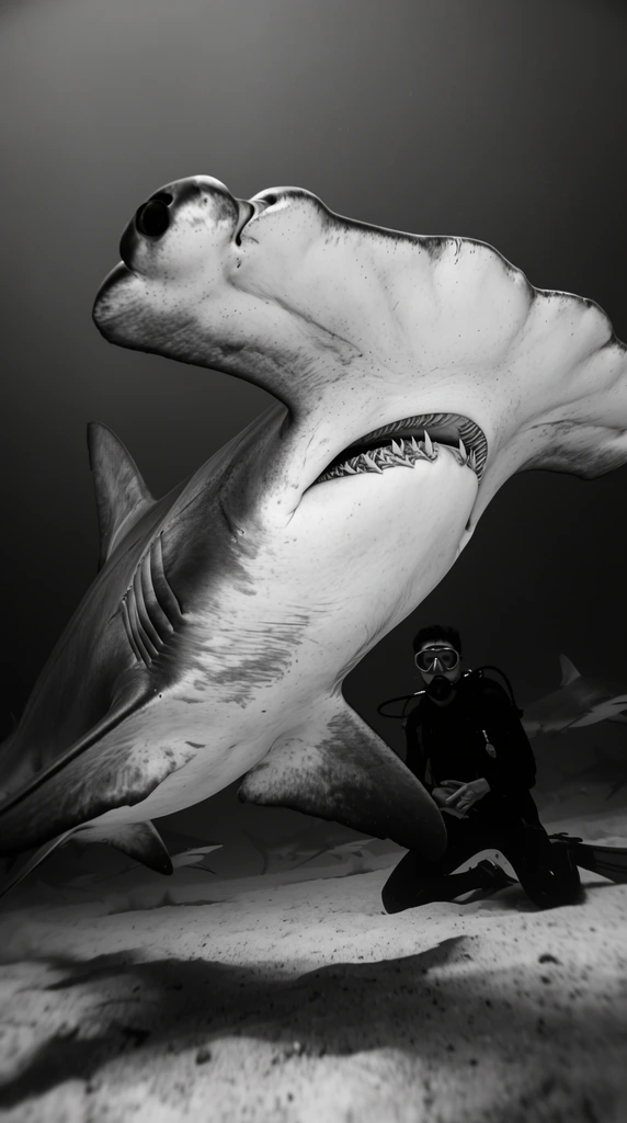 A giant great hammerhead shark dominates the foreground of a high-contrast black and white underwater photograph. Captured in an extreme wide-angle close-up, the shark's wide head and teeth angle upward. Behind its midsection, a kneeling scuba diver on the sandy seabed provides immense scale. Faint silhouettes of other sharks fade into the dark background abyss. Dramatic lighting emphasizes the primary shark's gills and textured skin.