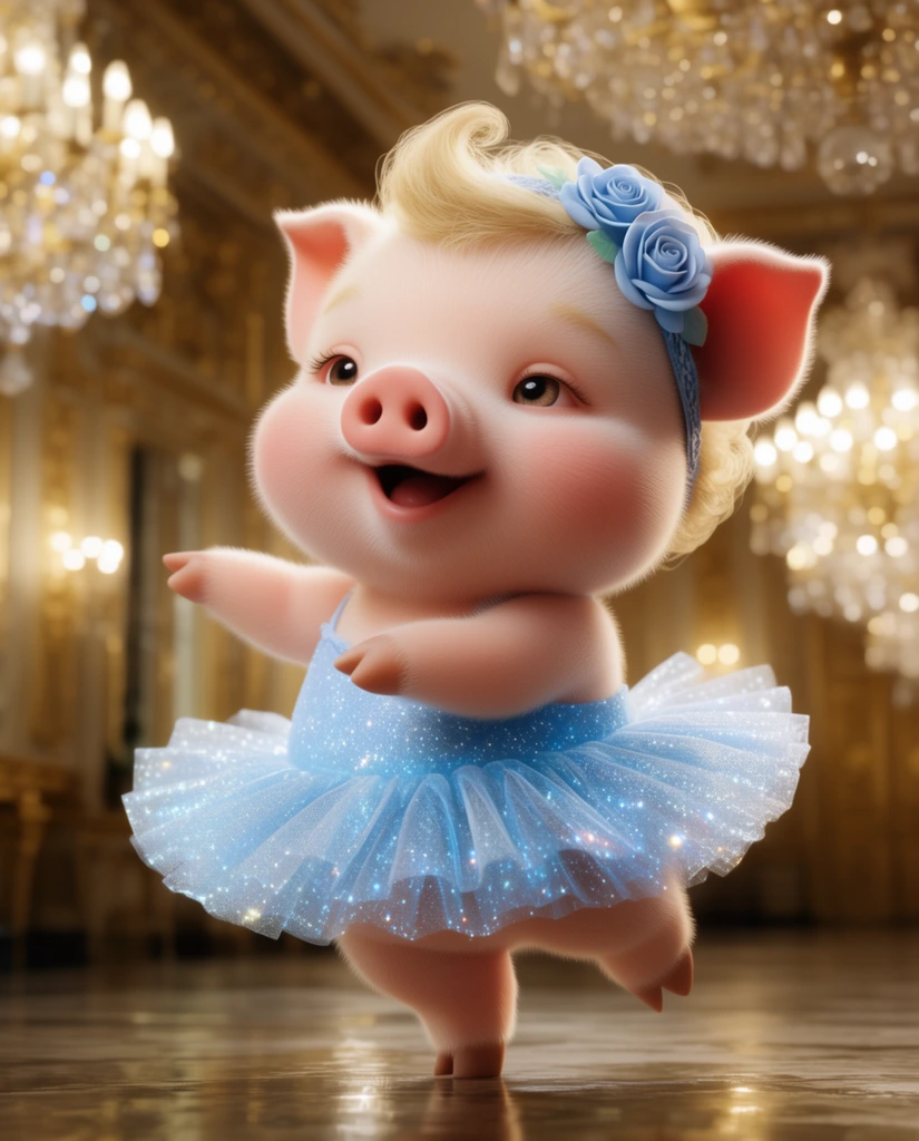 3D baby pig ballerina, fluffy blonde hair, blue rose headband, sparkly blue tutu, dancing pose, opulent golden ballroom background, blurred crystal chandeliers, glossy floor, soft cinematic lighting