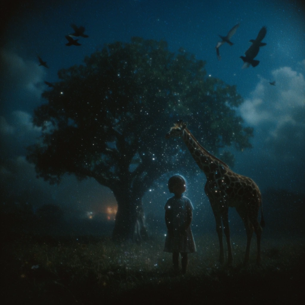 A colossal tree, a standing child, and a giraffe occupy the center of a deep nocturnal landscape, framed beneath atmospheric clouds and soaring birds. The composition is heavily steeped in a low-key cinematic color palette of dark teals, deep cyans, and rich shadows, offset by a faint, distant warm amber glow in the deep background. A pronounced visual effect of luminescent, glittering star-like dust particles overlays the entire image, scattering bright white specks across the dark subjects and sky. The rendering perfectly mimics vintage 35mm analog photography, characterized by heavy film grain, soft optical focus, subtle highlight halation, and dark edge vignetting that draws the eye toward the center. The deep blue, underexposed lighting setup creates a continuous, heavily textured, ethereal environment around the softly illuminated central figures.