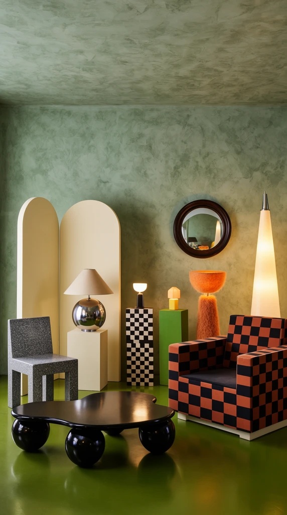 avant-garde postmodern interior space, mottled sage green plaster walls, glossy olive green floor, glossy black amoeba-shaped coffee table resting on large spherical legs, boxy armchair with terracotta and black checkerboard sides, cream-colored double-arched room divider, stark speckled grey stone chair, tall glowing conical floor lamp, metallic spherical lamp with a conical shade, fuzzy orange floor lamp with a bowl shade, small geometric lamps illuminating on green and checkered plinths, round dark-framed wall mirror, contrasting glossy and matte textures, highly curated surreal staging, warm practical lighting