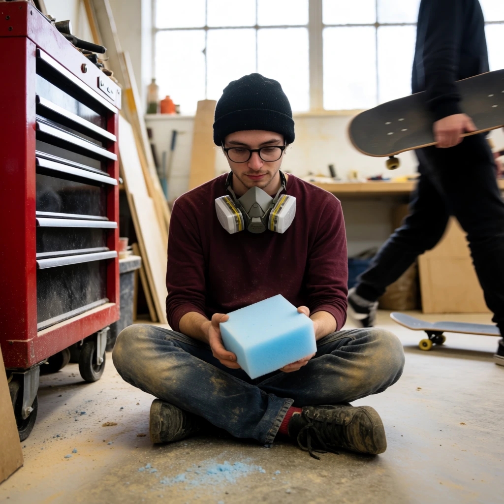 young man seated on dusty workshop floor holding a light blue foam block, black beanie, glasses, maroon shirt, dusty jeans, headphones and respirator around neck, red tool cabinet, passing figure with skateboard, bright windows, candid photography