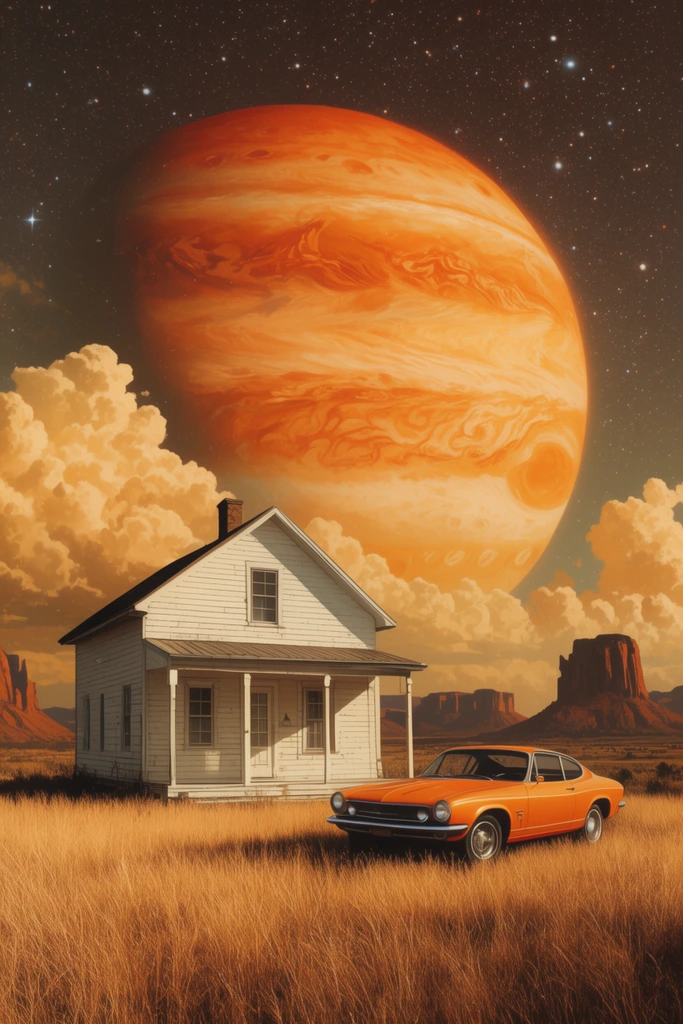 vintage sci-fi illustration, classic white wooden farmhouse and retro orange coupe car in a field of dry golden grass, colossal orange gas giant planet dominating a starlit sky, puffy clouds, silhouetted desert mesas, warm amber and ochre palette