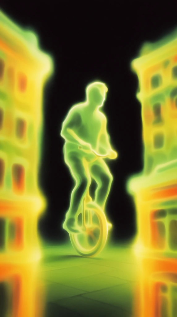 A glowing, fluid silhouette of a man standing on a unicycle in the middle of a paved area surrounded by multistory buildings is rendered entirely in luminescent lime green and bright acid yellow against a pitch-black environment. The central figure and unicycle feature soft, continuous, melting neon light with heavily blurred, diffused edges in the style of a vivid thermal heat map or long-exposure light painting. Below the unicycle, the paved ground appears as a smooth, glowing green geometric plane fading into the deep black void. Framing the extreme left and right foreground are massive, deeply out-of-focus vertical streaks of vibrant yellow, orange, and green light forming the surrounding multistory buildings. The entire composition features extreme high contrast, a liquid-like soft focus, and a radiant, emissive aesthetic where all architectural and human forms appear constructed from flowing, molten energy.