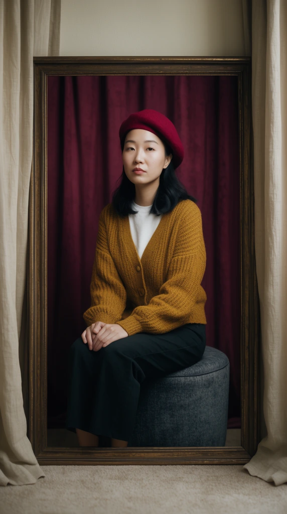 framed portrait leaning against a wall between beige curtains, inner photo of an asian woman in a crimson beret and mustard cardigan, seated on an ottoman against burgundy drapes, soft studio lighting, cinematic composition