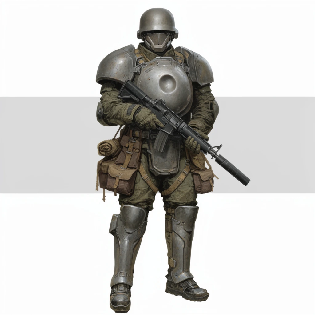 A full-body concept art illustration of a heavily armored futuristic soldier standing against a white background bisected by a light gray horizontal stripe. The figure wears worn olive-drab tactical fabric beneath smooth, scuffed metallic armor. A smooth, rounded gray helmet rests above an angular faceplate. A bulky, convex metal chest plate with a central depression dominates the torso, alongside massive shoulder pauldrons. The soldier grips a suppressed black assault rifle diagonally across the chest. Brown canvas pouches, hanging straps, and a rolled pack are secured around the waist above heavy metallic knee-high boots. The detailed digital painting features realistic textures, meticulous weathering, and a muted earthy color palette.