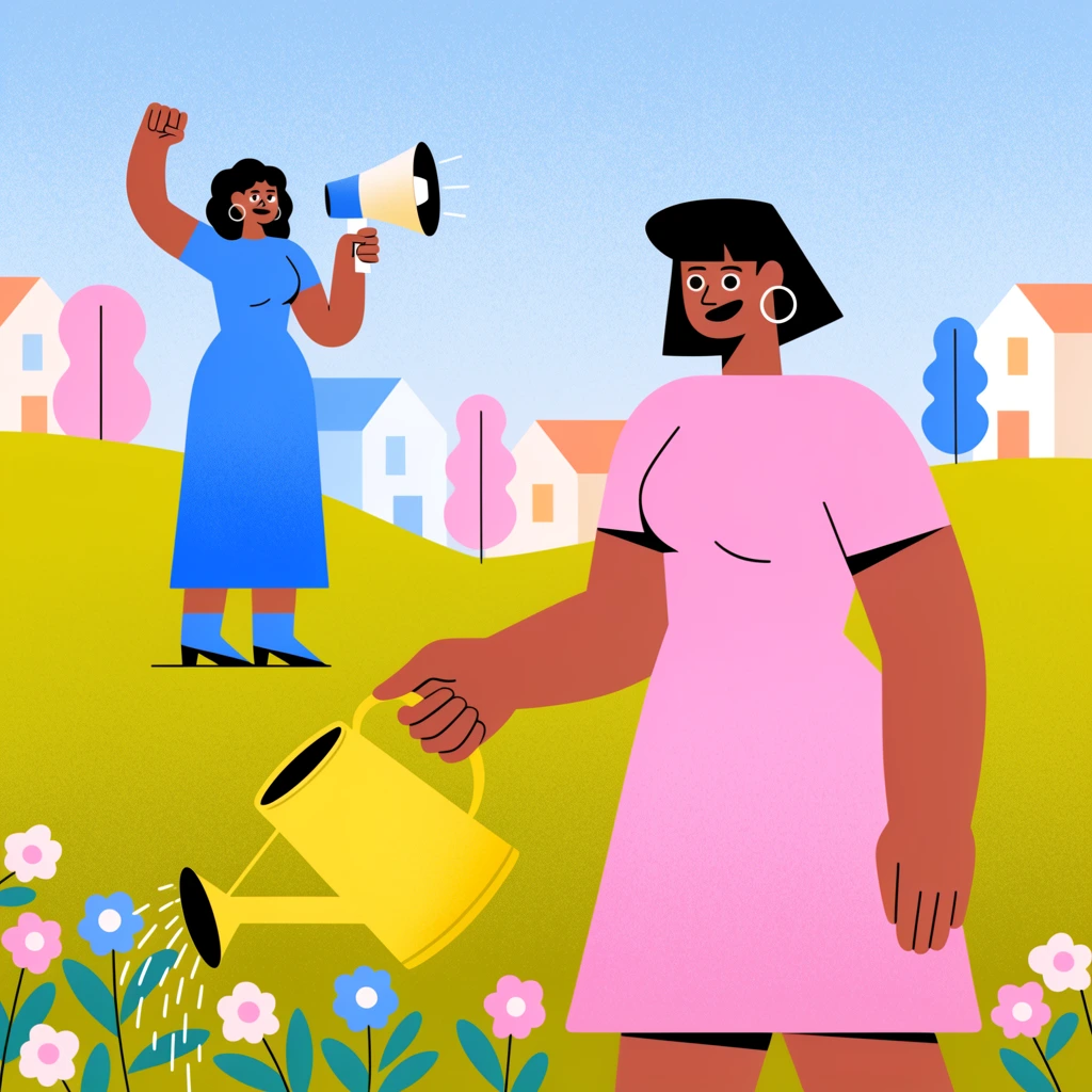 flat vector illustration, corporate memphis style, exaggerated proportions, foreground woman in pink dress watering flowers with yellow can, background woman in blue dress holding megaphone with raised fist, rolling yellow-green hills, simplistic geometric houses, abstract pink and blue trees, light blue sky, stippled gradient texture, vibrant pastel palette