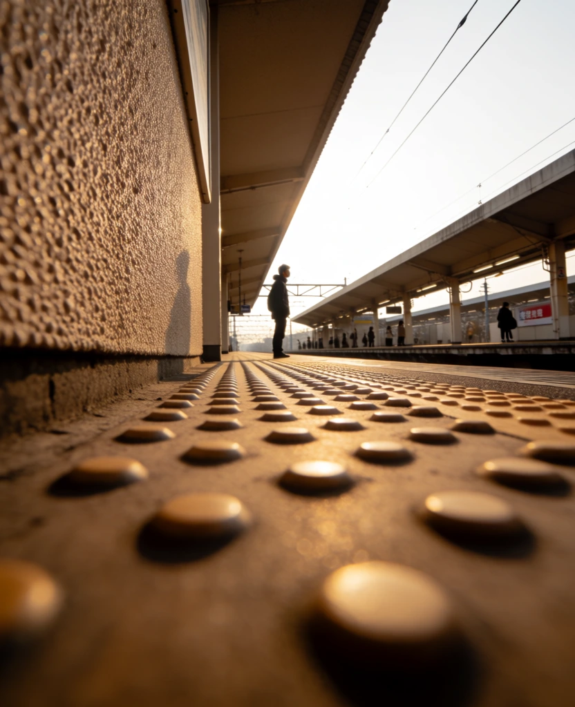 A lone person stands on a sunlit train platform, captured from an extreme low-angle perspective that emphasizes the tactile paving in the foreground. The closest part of the image features large, out-of-focus circular bumps of the tactile paving, which gradually come into focus as the line recedes toward the center. To the left, a towering, rough-textured wall with a pebbled surface rises vertically, its surface catching the warm light while casting a shadow along its base. In the mid-ground, a solitary figure is silhouetted against the bright, overexposed sky, standing in profile and facing toward the tracks. To the right, the platform extends into the background under a series of repeating concrete awnings, where small, indistinct figures of other commuters wait in the distance. The scene is bathed in a warm, golden-brown color palette from the low sunlight, creating long shadows and a high-contrast atmosphere. The camera angle is positioned at ground level, utilizing a wide-angle lens and a shallow depth of field to create a dramatic sense of depth and scale. Overhead, thin power lines cut across the bright white sky. On the distant platform across the tracks, a red and white sign displays illegible characters.
