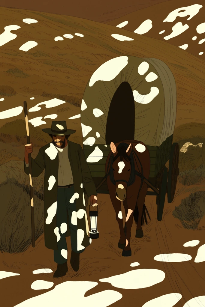 A stylized 2D digital illustration of a man walking while holding a tall staff and a lantern, followed closely by a horse pulling a covered wagon through a hilly desert landscape. The entire scene is rendered in flat, unblended color blocks of muted earthy browns, warm ochres, and deep olive greens. High-contrast, stark creamy-white abstract shapes are heavily overlaid across the man, the horse, the wagon, and the terrain, creating a bold, graphic dappled sunlight effect. Fine, scratchy, hand-drawn dark line work and loose textural hatching define the rugged details of the desert brush, the folds of the wagon's fabric, and the rolling contours of the hills. The aesthetic relies entirely on distinct separations of shape and a lack of smooth shading or gradients, resulting in a bold, minimalist editorial illustration defined by the striking interplay between flat, muted base tones and stark, organic blobs of bright light.