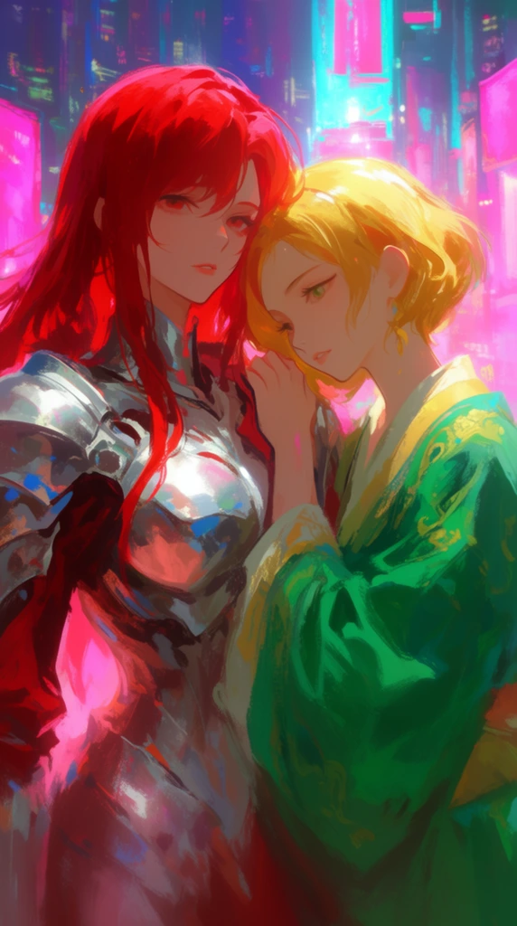 Two anime female characters close together, left figure with long crimson hair and metallic silver armor looking forward, right figure with short golden hair and green silk robes resting head on companion's shoulder, vibrant neon pink and cyan glowing cityscape background, expressive digital painting, rough painterly brushstrokes, ethereal intimate atmosphere, soft radiant lighting, high-contrast jewel tones