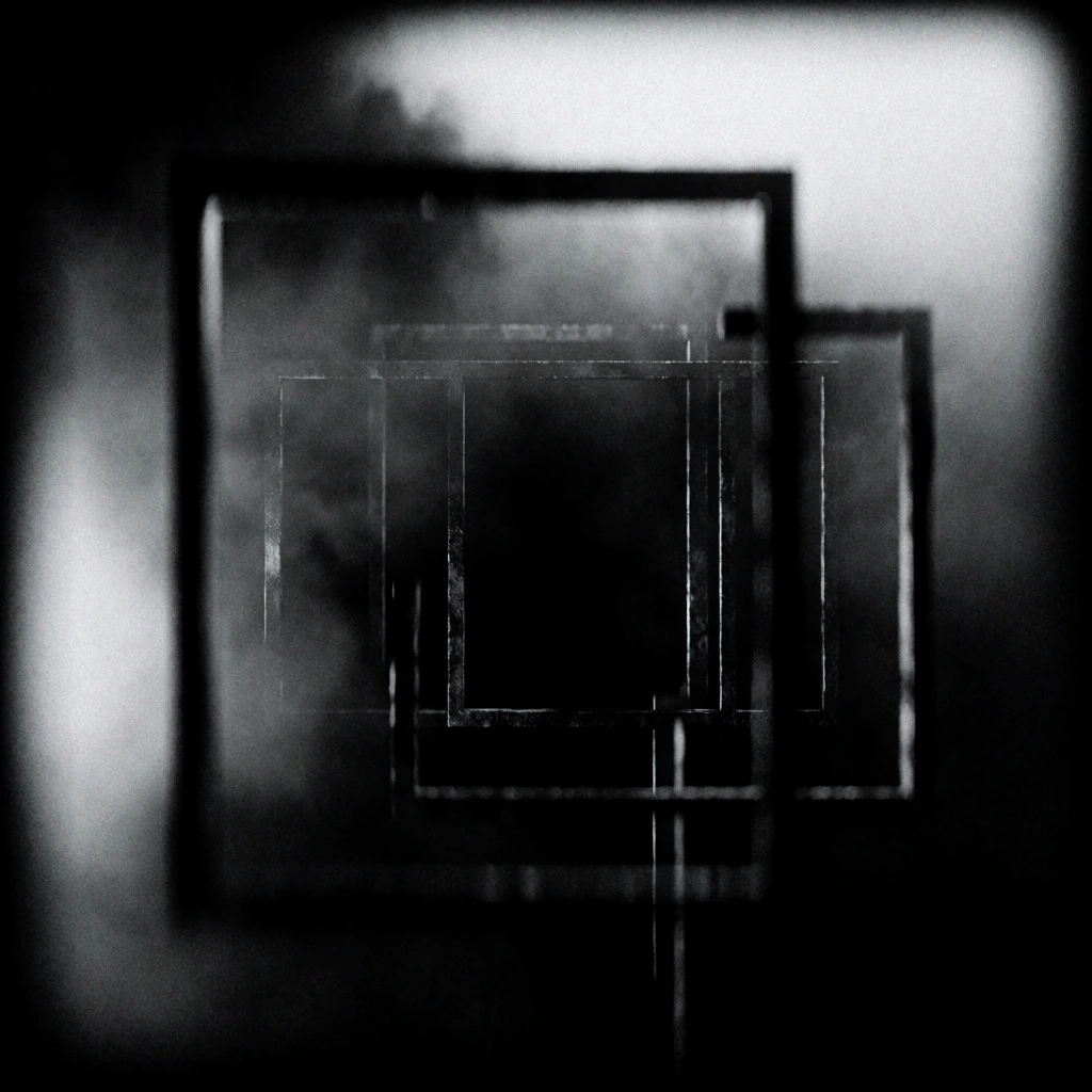 monochromatic ultra-high contrast photograph, heavy film grain and dense digital noise, lo-fi industrial aesthetic, atmospheric chiaroscuro lighting, metal skeletal frames forming a tunnel-like structure in deep perspective, sharp geometric lines receding into absolute blackness, gritty tactile texture, highlights catching on raw metallic edges, cinematic gloom, noir mood with a subtle smoke-like haze softening the hard structural elements, minimal and abstract composition.