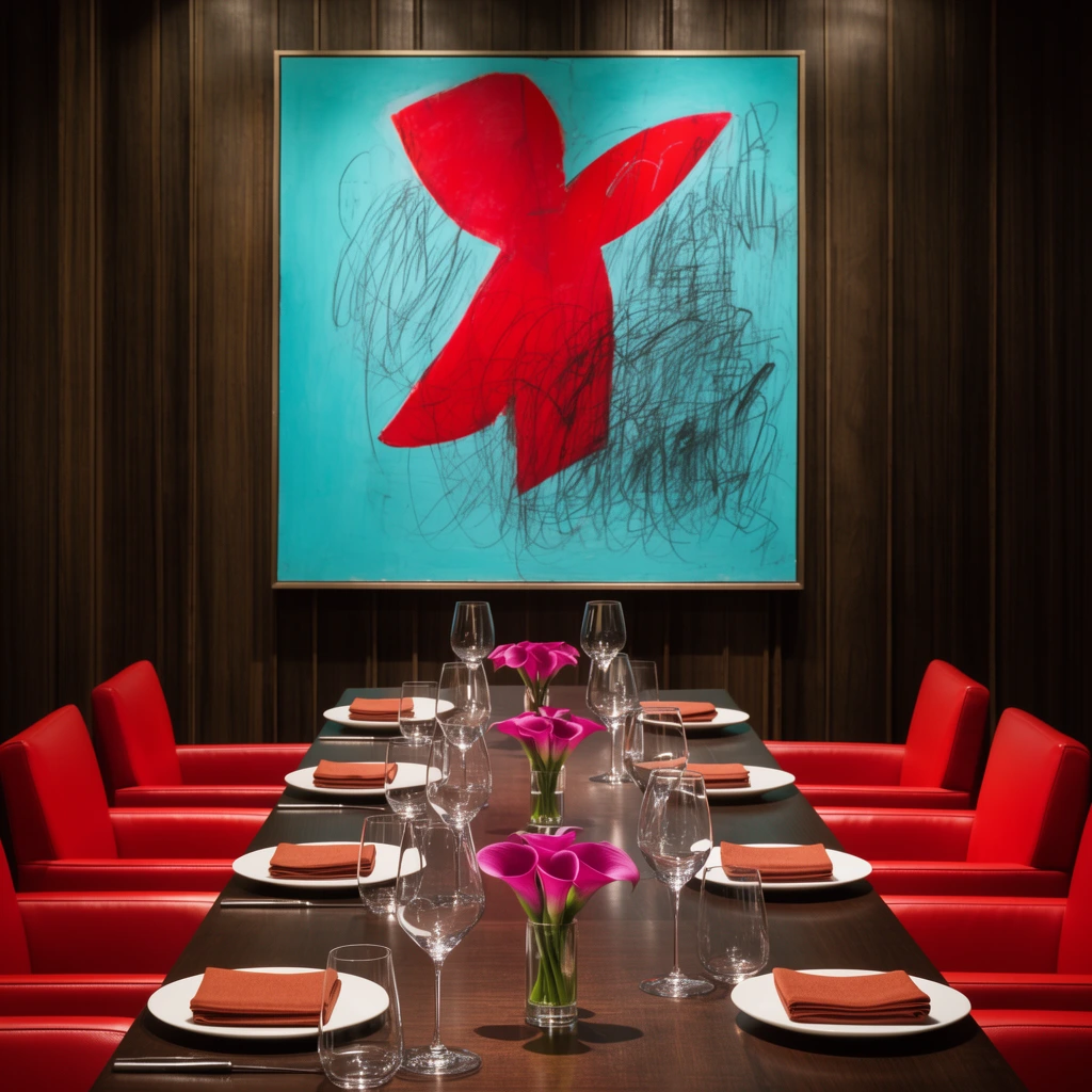 symmetrical elegant dining room, long dark wood table, bright red leather armchairs, pristine white plates, folded rust napkins, crystal wine glasses, magenta calla lily centerpieces, dark vertical wood paneled background, large abstract expressionist painting featuring bold crimson shapes and charcoal scribbles on bright turquoise, warm ambient spotlighting, luxurious contemporary interior photography