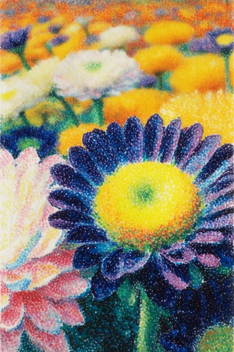 Vibrant Risograph Surrealism style reference image — heavy film grain